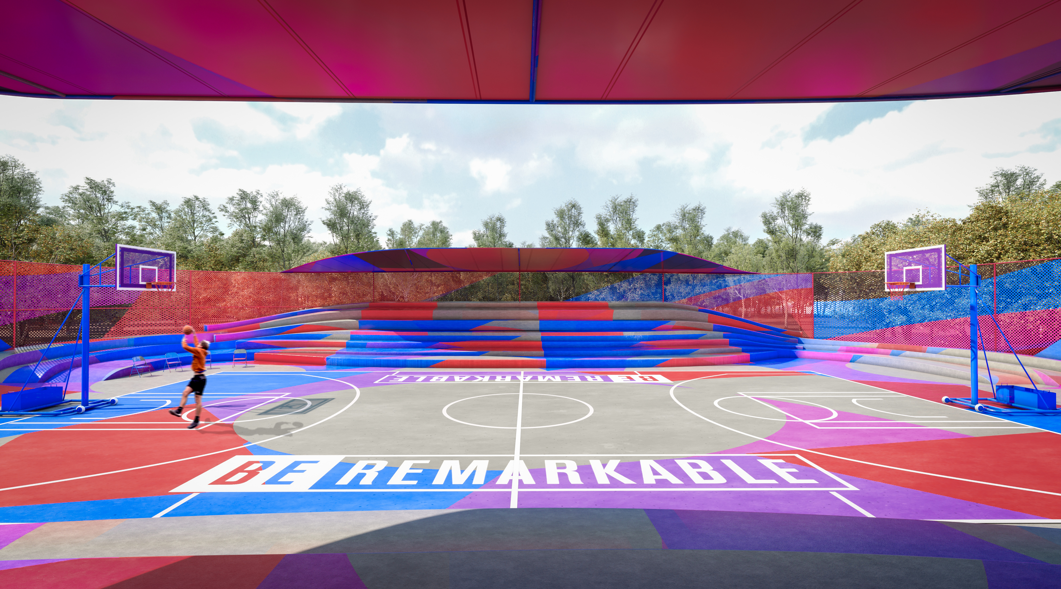 BeRemarkable Courts PR &mdash; a vibrant basketball court in Puerto Rico with BE REMARKABLE painted across the floor.